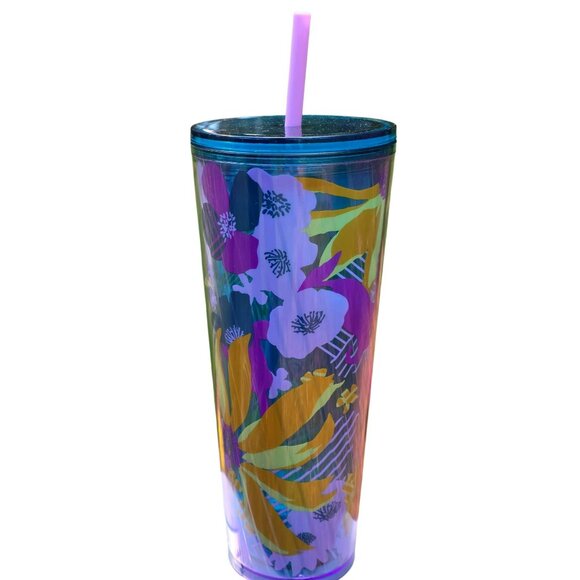 2022 Starbucks Floral Tumbler Cold Coffee Cup Straw Blue Tropical Flowers 24 Oz - Picture 2 of 8